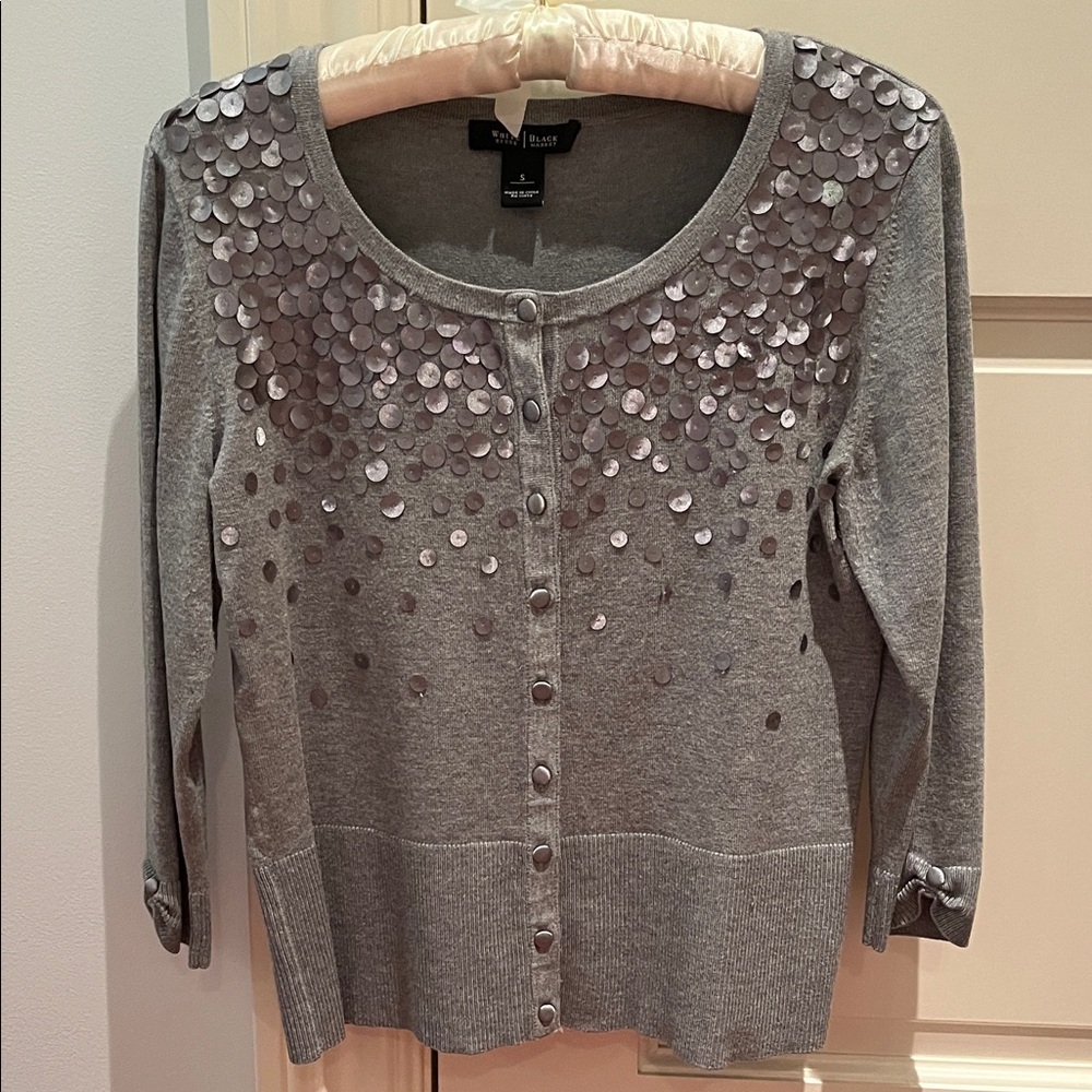 WHBM Cardigan Gray with Embellishments button Down 3/4 sleeves Size Small